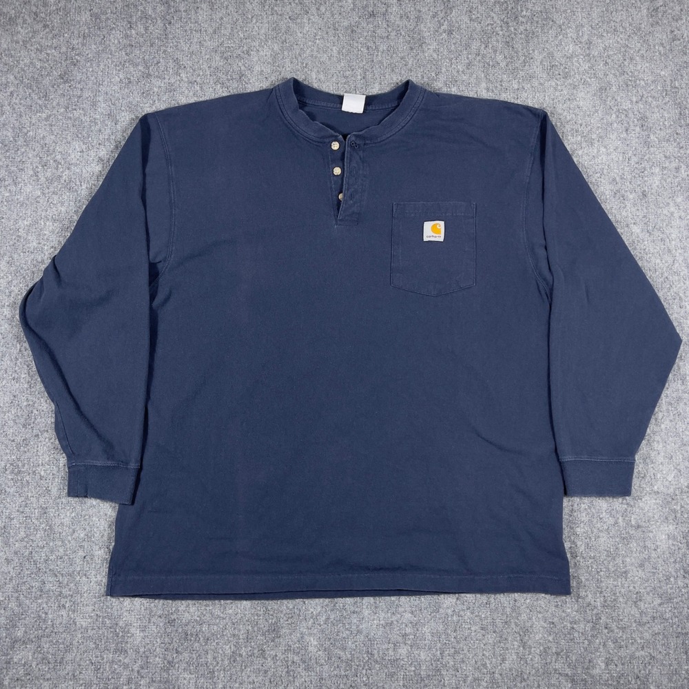 Carhartt Henley Shirt Mens XL Navy Blue Long Sleeve Pocket Workwear